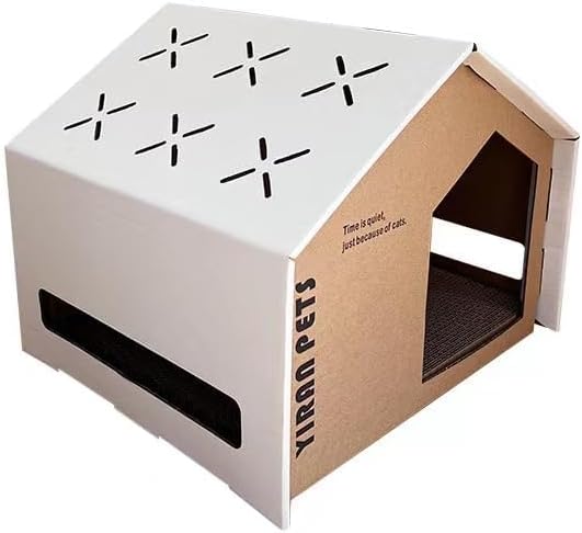 Cat Cardboard House with Scratch Pad, Cat Hideaway Playhouse with Scratching Board (White)