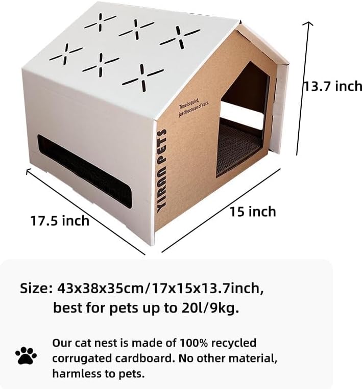 Cat Cardboard House with Scratch Pad, Cat Hideaway Playhouse with Scratching Board (White)