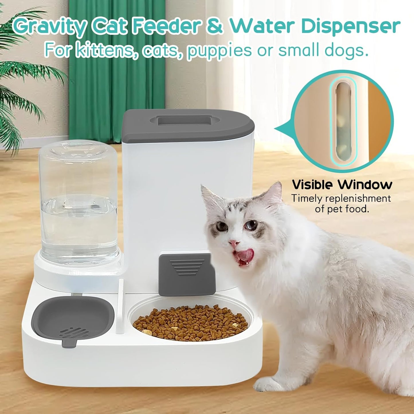 Cat Feeder and Water Dispenser, 2 in 1 Automatic Pet Waterer Detachable