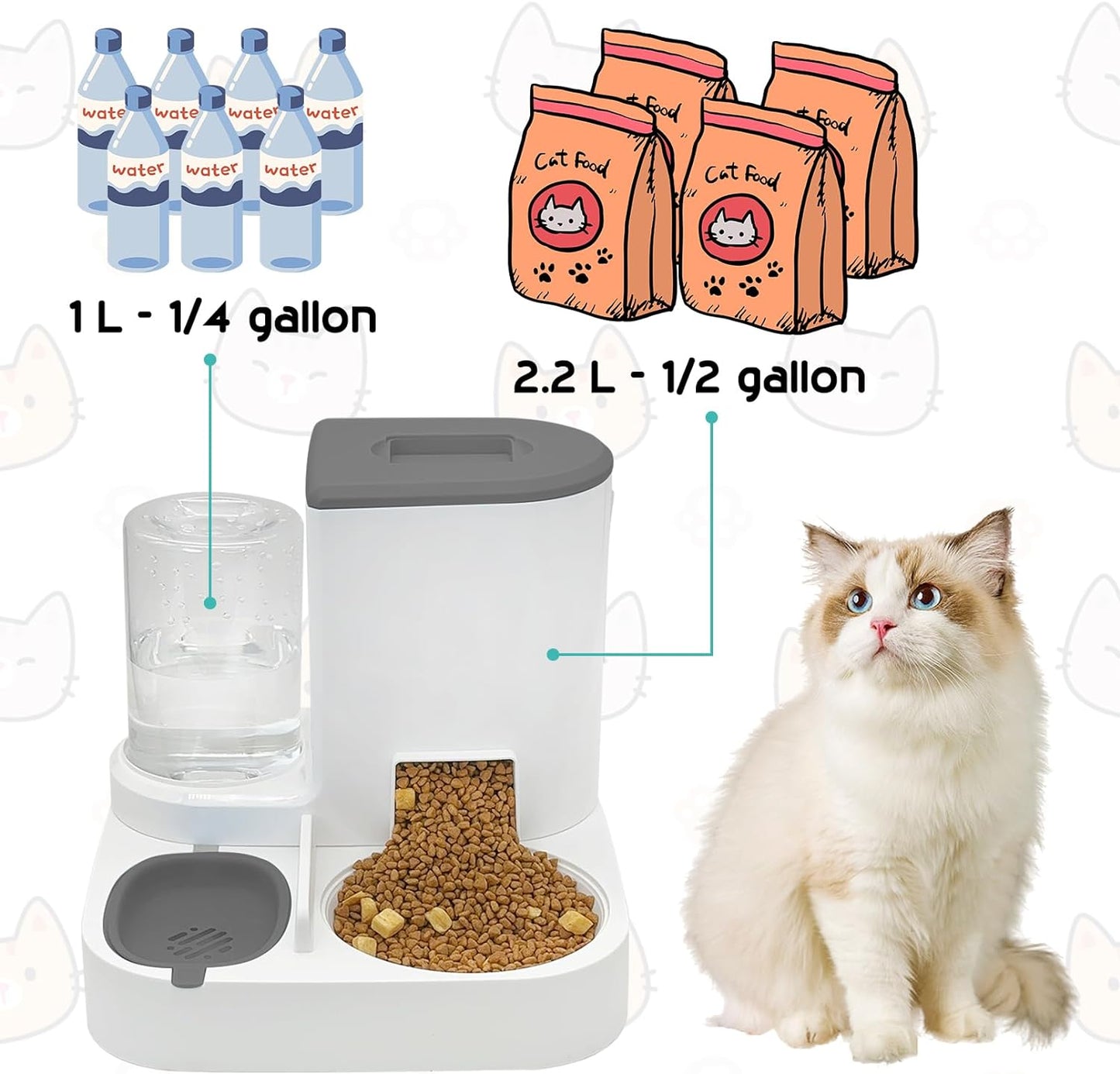 Cat Feeder and Water Dispenser, 2 in 1 Automatic Pet Waterer Detachable