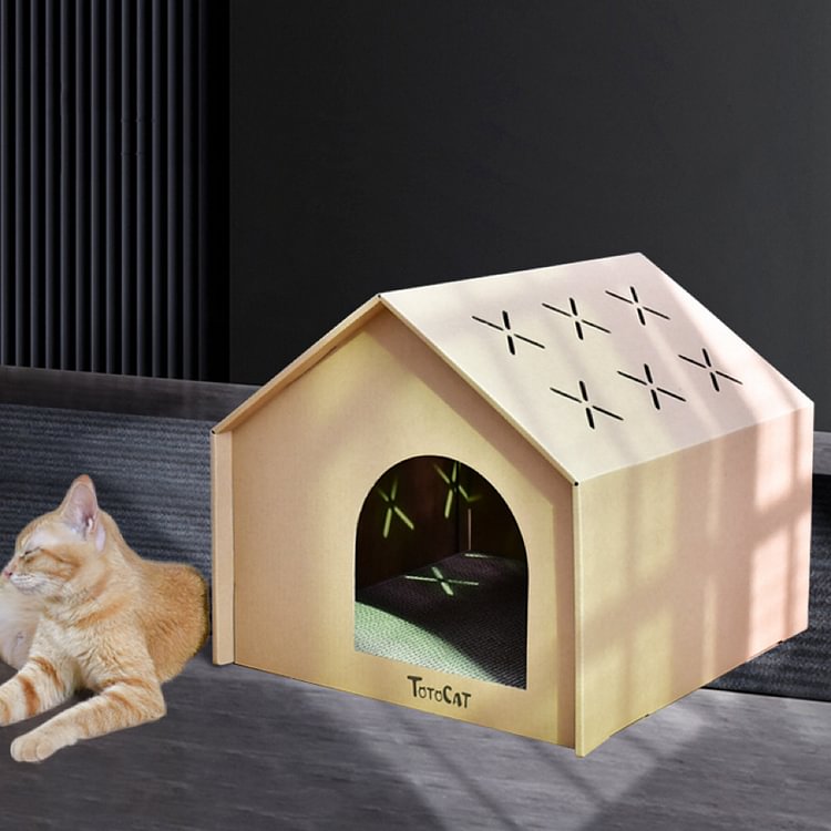 Cat Cardboard House with Scratch Pad, Cat Hideaway Playhouse with Scratching Board (White)