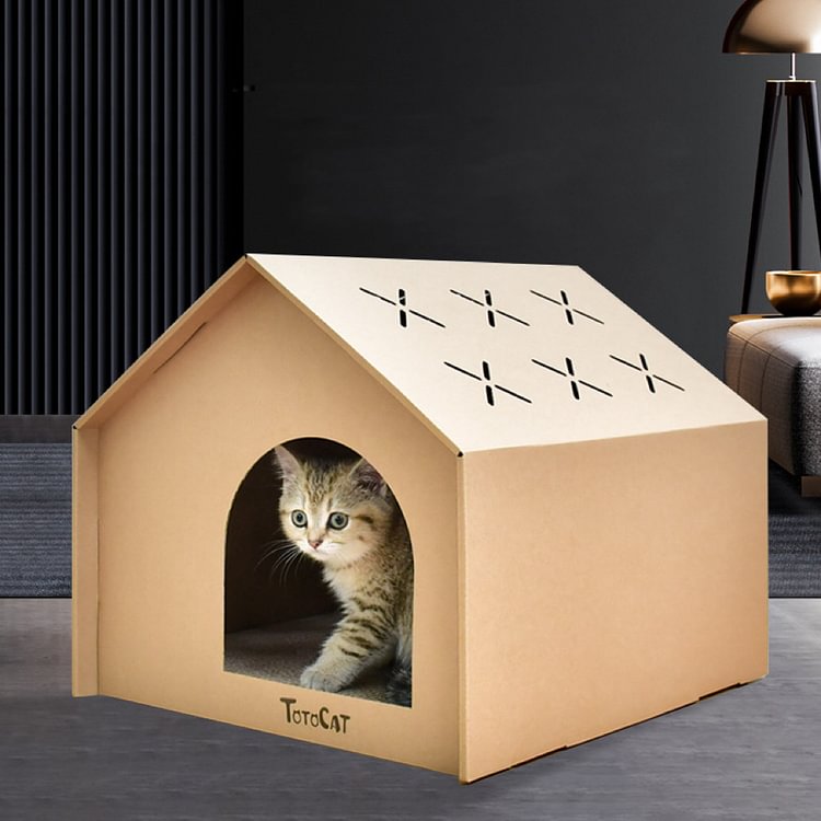 Cat Cardboard House with Scratch Pad, Cat Hideaway Playhouse with Scratching Board (White)