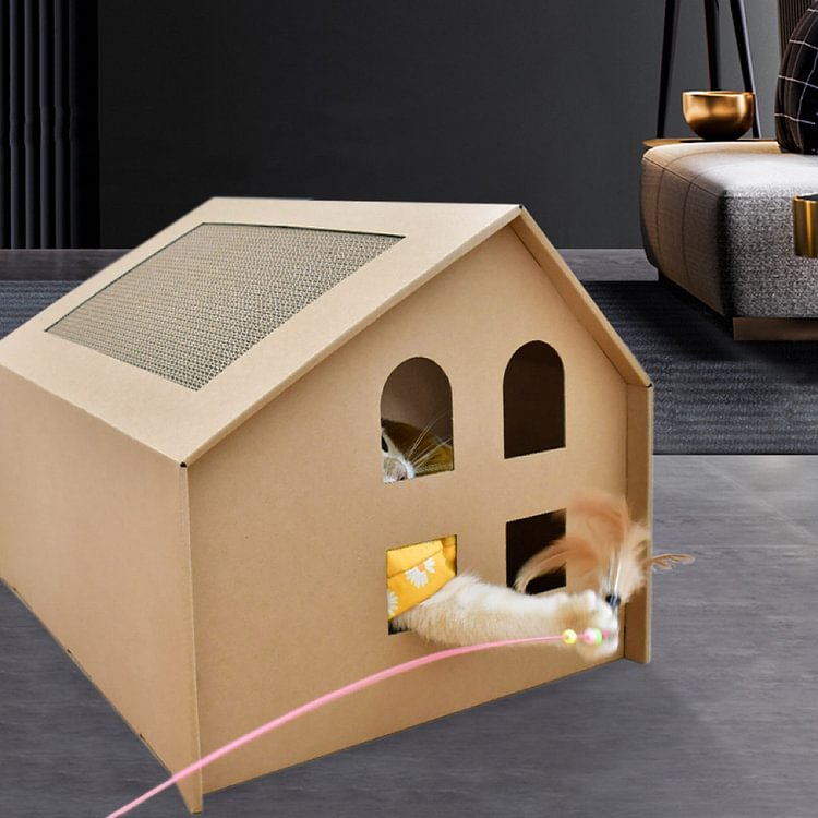 Cat Cardboard House with Scratch Pad, Cat Hideaway Playhouse with Scratching Board (White)