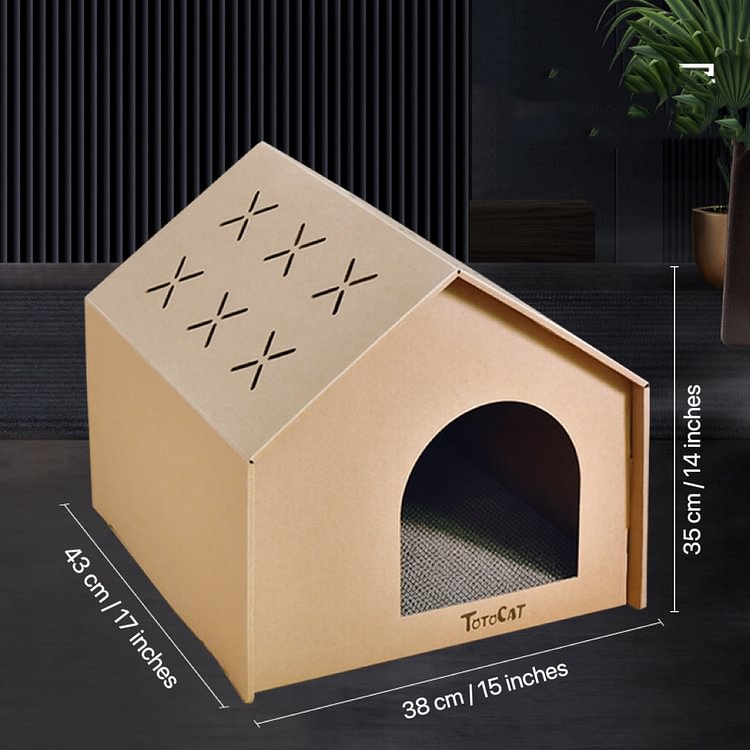 Cat Cardboard House with Scratch Pad, Cat Hideaway Playhouse with Scratching Board (White)