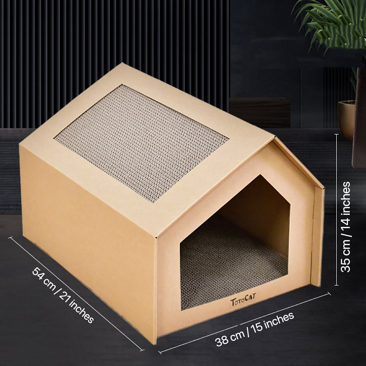 Cat Cardboard House with Scratch Pad, Cat Hideaway Playhouse with Scratching Board (White)